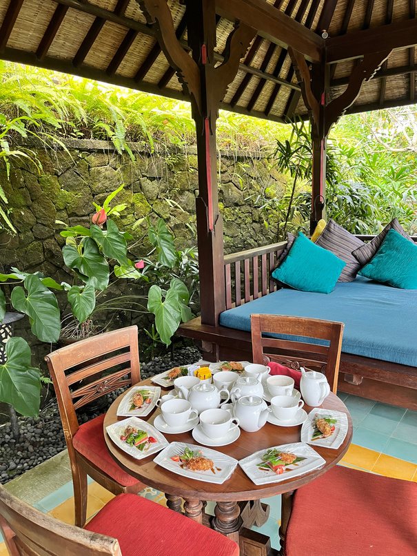 Styled still, garden table set for tea